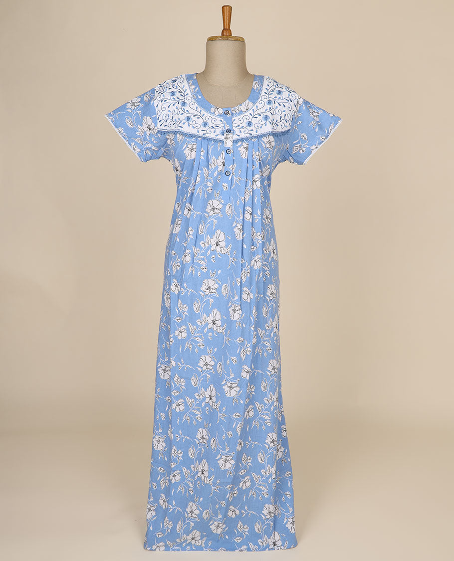Light blue floral printed & floral thread embroidery round neck cotton half-sleeve nighty