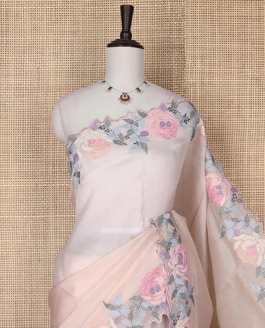 Baby pink organza saree with self floral embroidery, scallop border