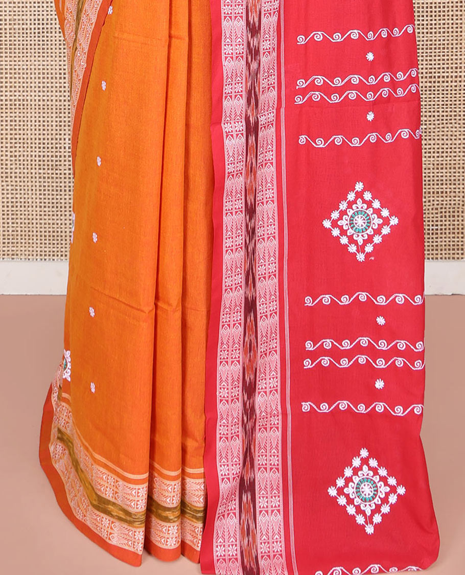 Orange Odisha Cotton Saree, Accentuated with Buttas All Over the Body, Subtle Self-Border Steeped with Fish Motifs, Captivating Contrast Pallu of Unique Designs, and Paired with a Contrast Blouse
