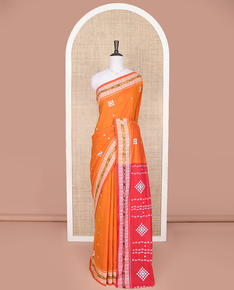 Orange Odisha Cotton Saree, Accentuated with Buttas All Over the Body, Subtle Self-Border Steeped with Fish Motifs, Captivating Contrast Pallu of Unique Designs, and Paired with a Contrast Blouse