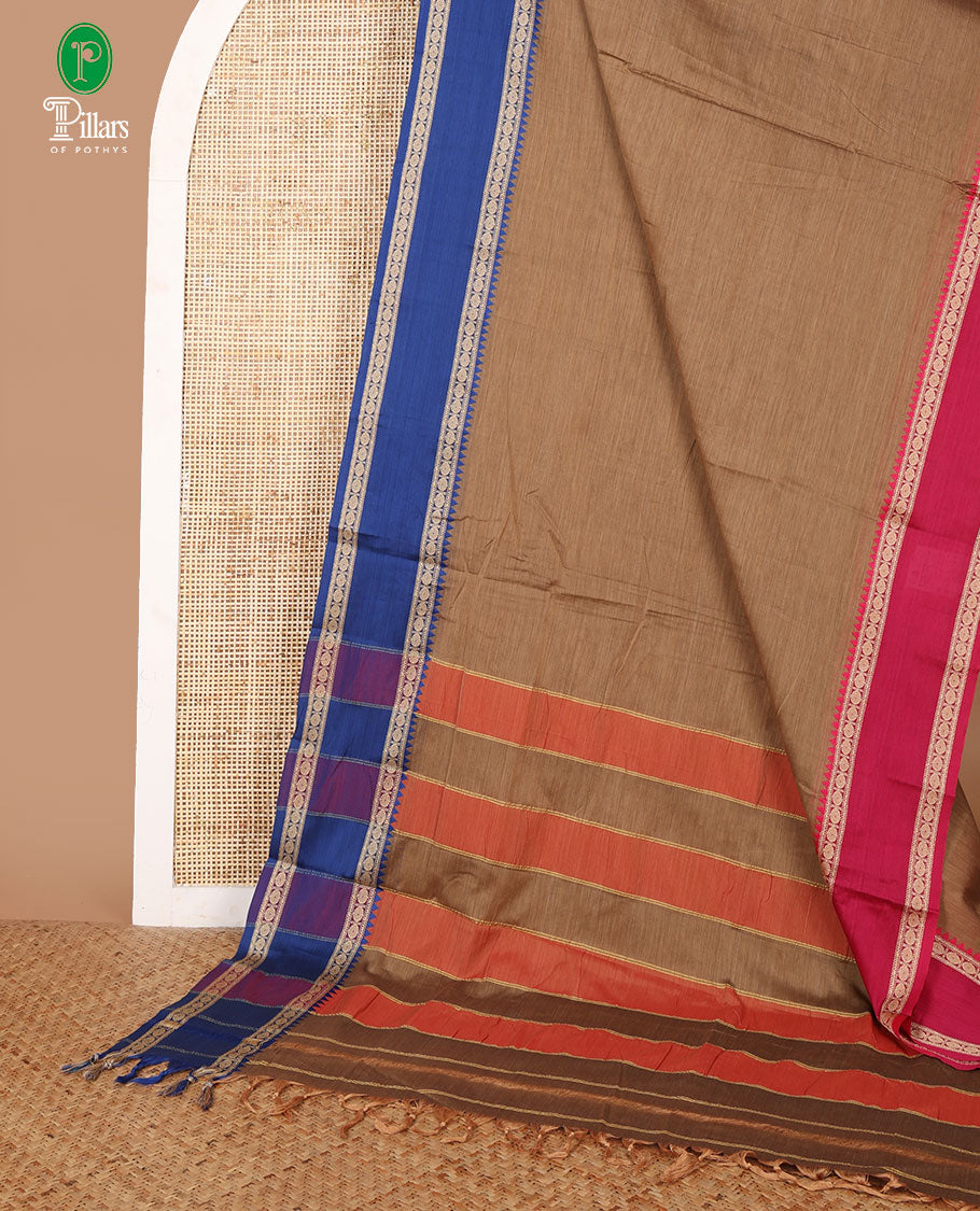 Brown mercerised cotton saree with ganga jamuna, rettai pettu thread border & seer pallu along with running blouse