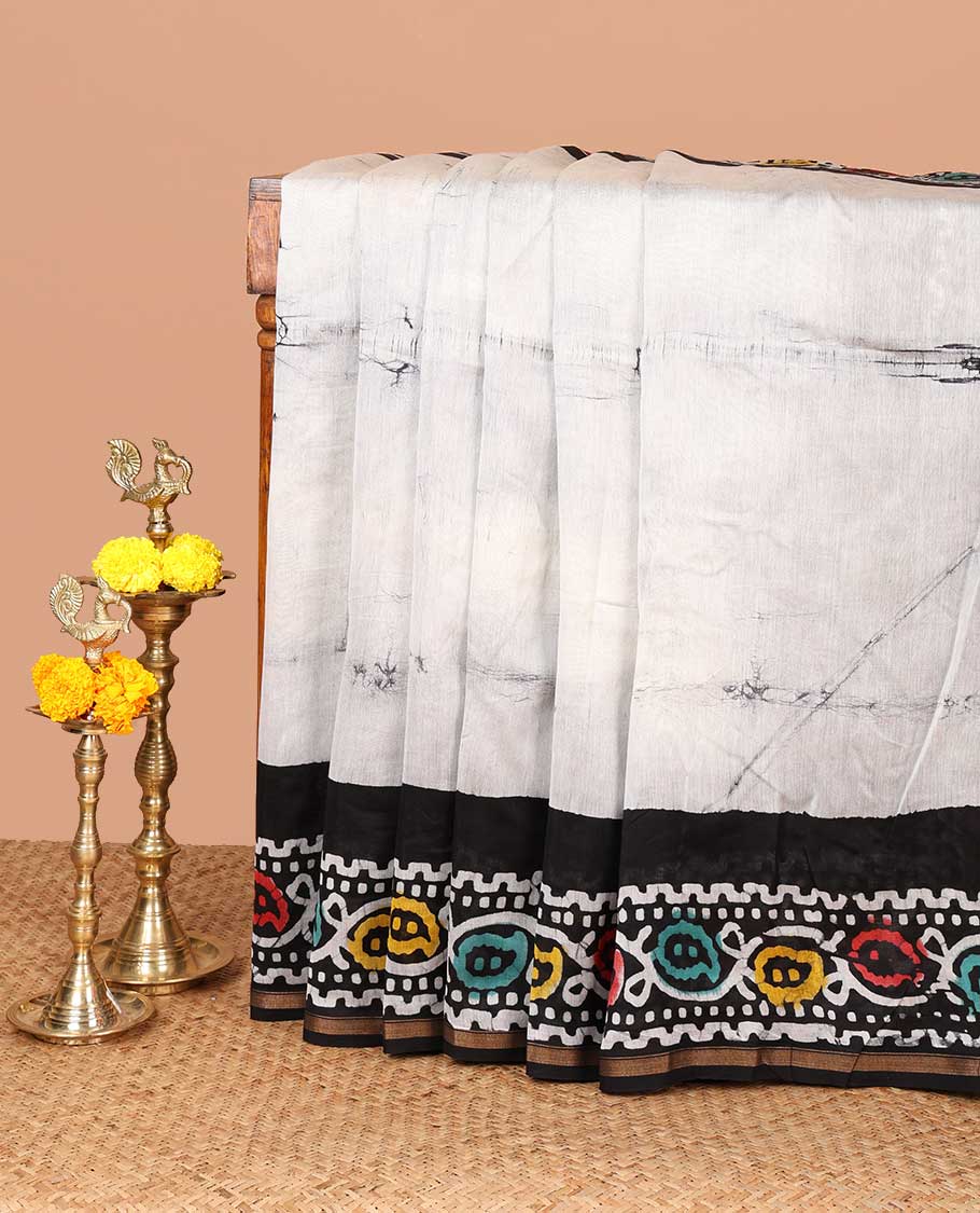Grey hanblock batik printed chanderi cotton saree with contrast double side hand block wax printed border & hand block printed pallu along with plain blouse