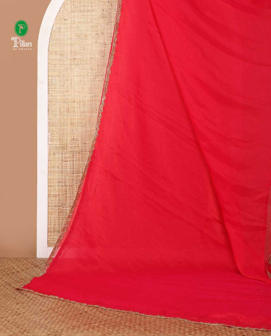 Rani pink fendy chiffon saree with hand work border & self pallu along with hand work blouse