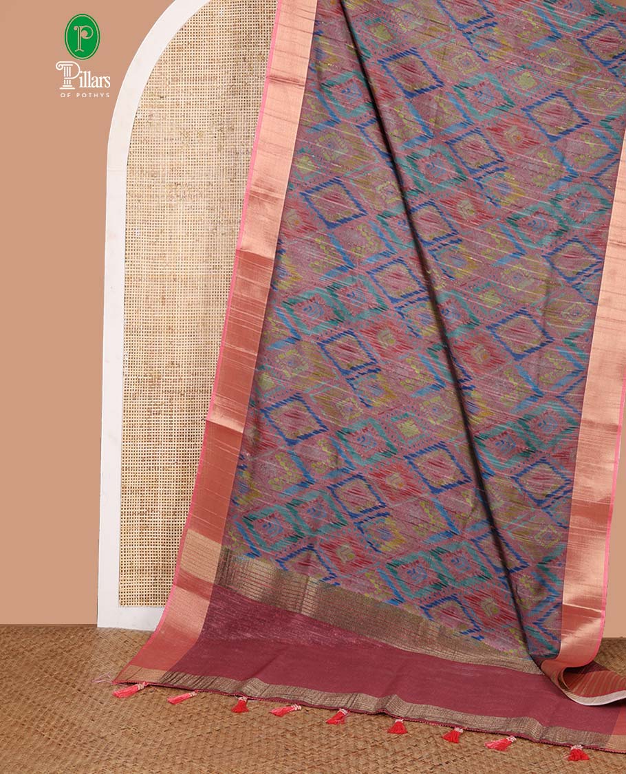 Pink ikkat style printed khicha tussar saree with bawanchi border & jute weaving pallu along with printed blouse