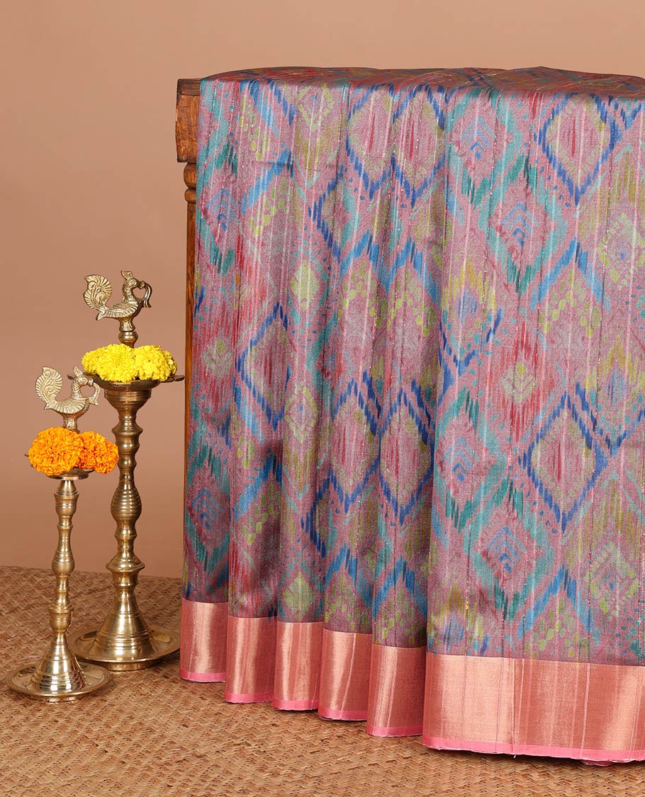 Pink ikkat style printed khicha tussar saree with bawanchi border & jute weaving pallu along with printed blouse