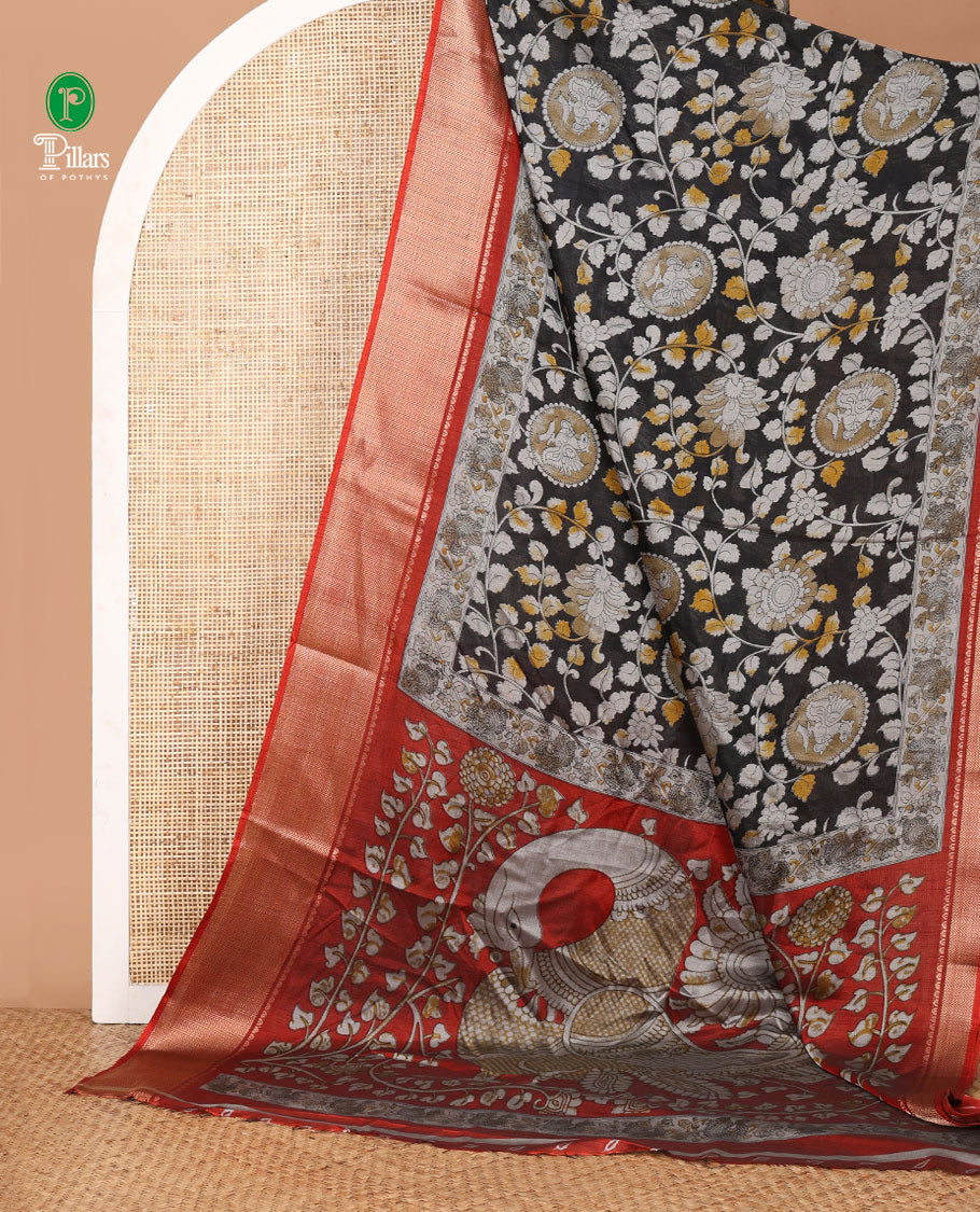 Black kalamkari-style round peocock & floral vine printed dola silk saree,contrast chevron zari border & peacock pallu
