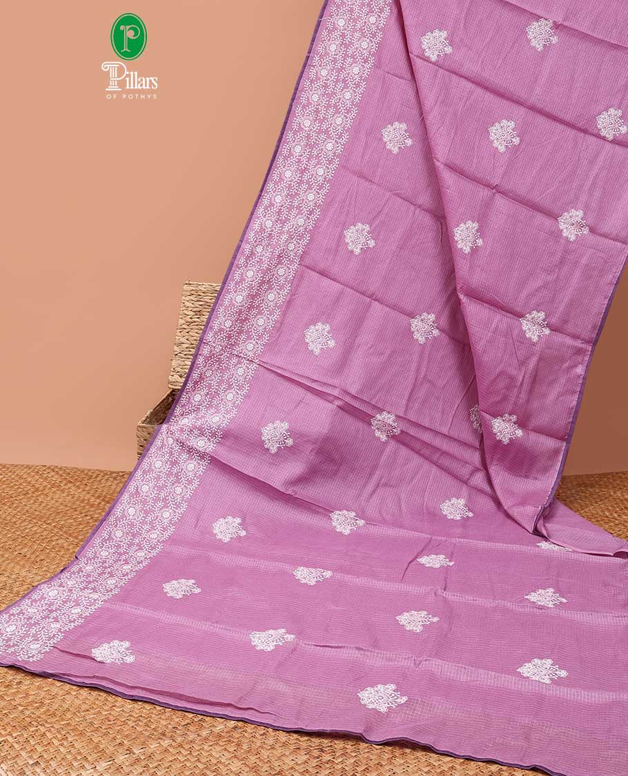 Purple allover lucknowi chikankari design kotta checks saree with running blouse