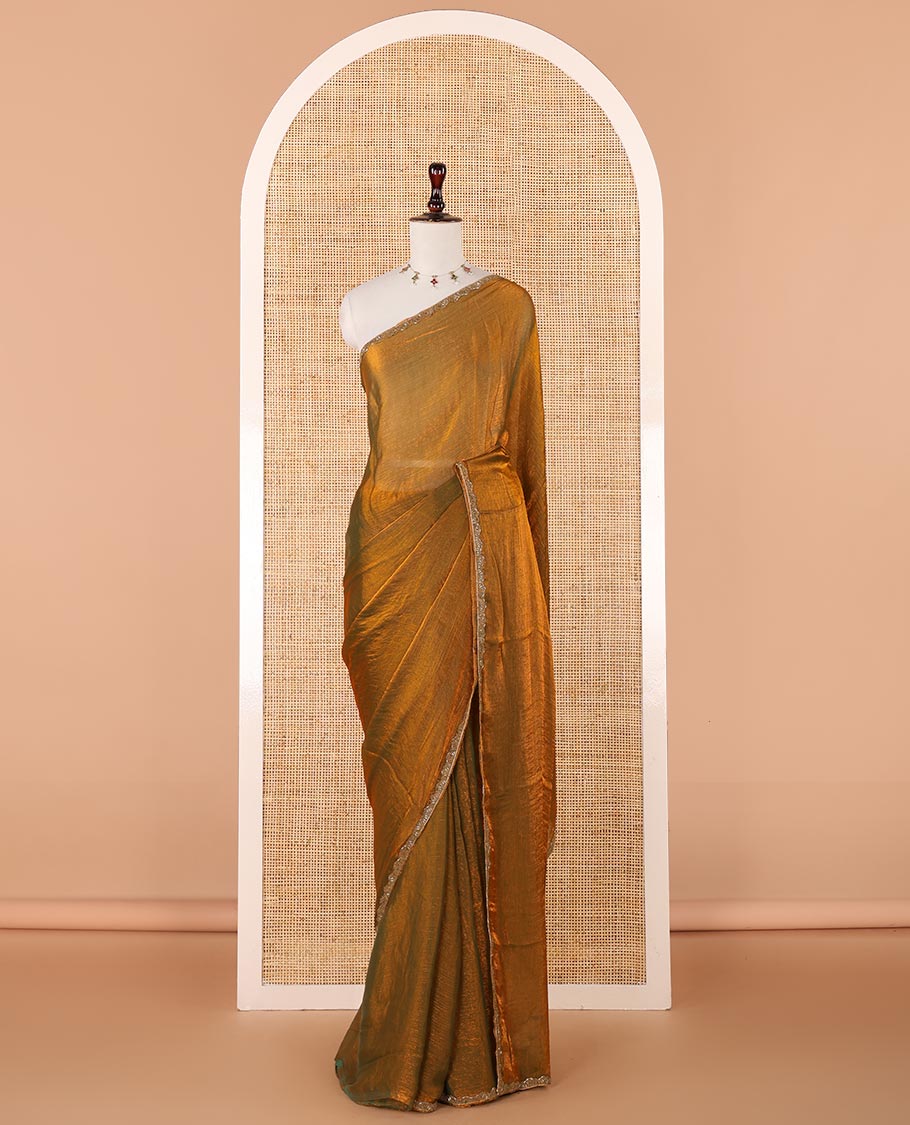 Mehendi green Swarovski crystal stonework Fendy chiffon saree,scallop stonework border & contrast blue stonework blouse