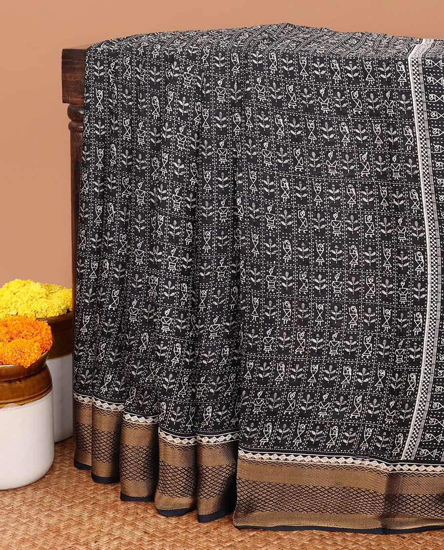 Black all-over vareli print, sequence line dola silk saree with contrast copper thread gatti border & small butti design print blouse