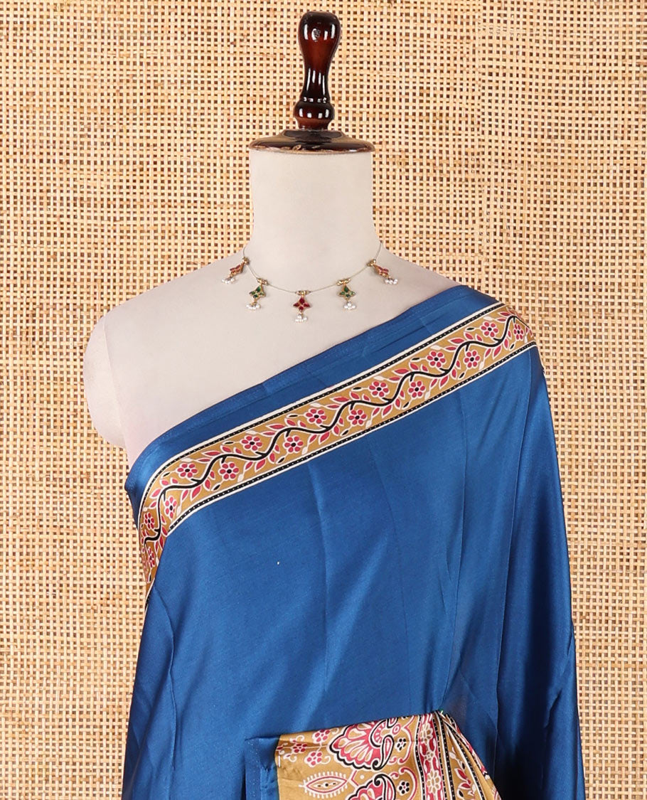 Blue half-plain & half-printed gajji silk saree, contrast mustard border & pallu of ajrakh-print with printed blouse
