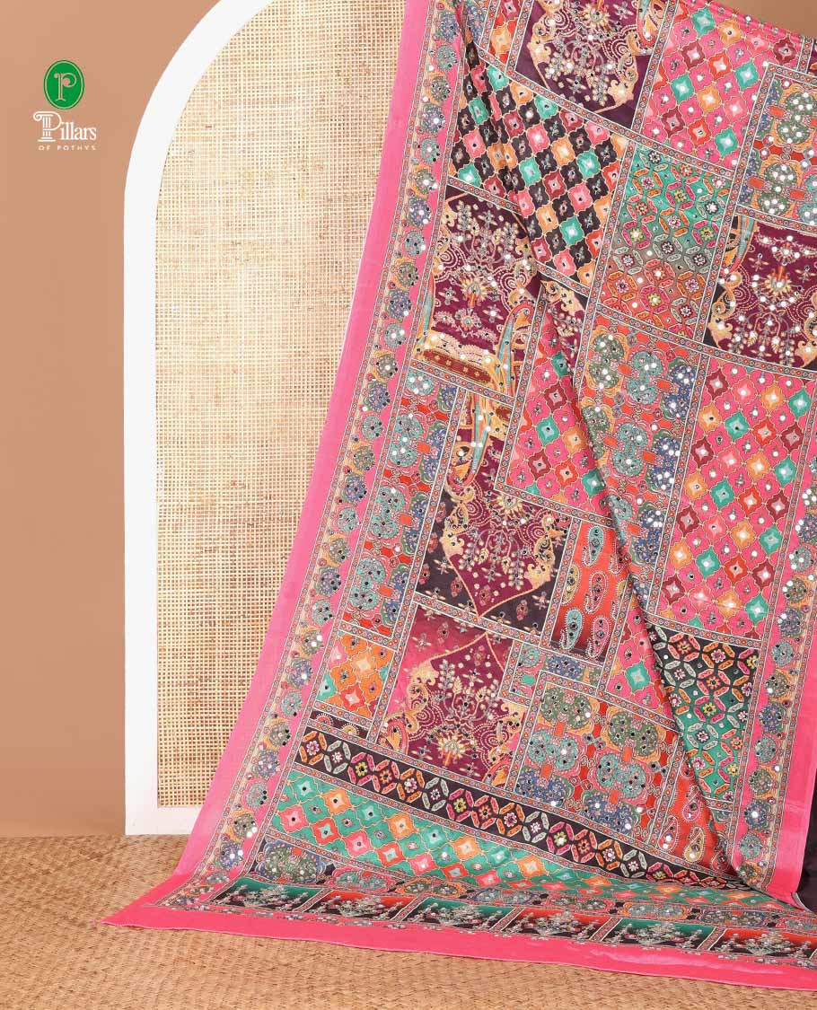 Black half-&-half style geometric print & mirror embroidery masakali saree,self-border & pallu of print & mirror work,plain blouse