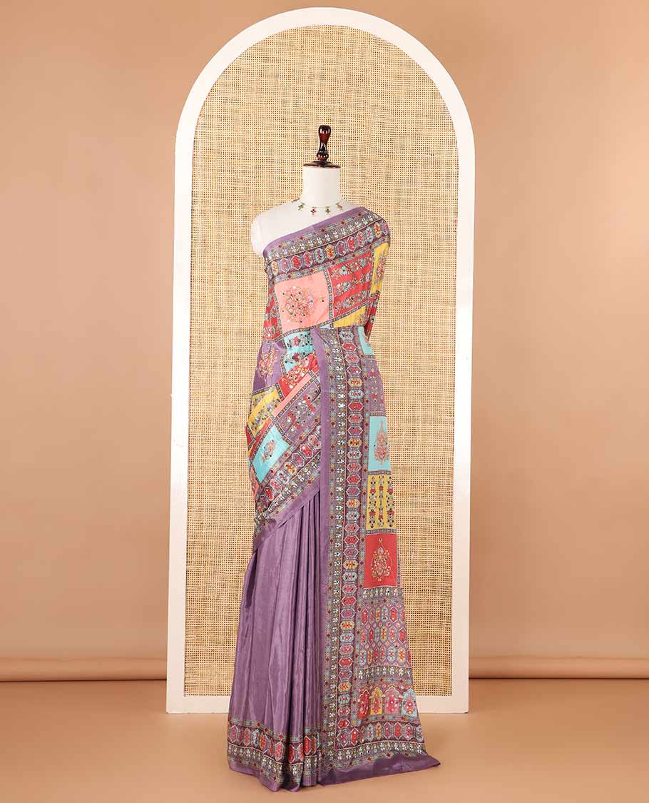 Lavender half-&-half style geometric print & mirror embroidery masakali saree,self-border & pallu of print & mirror work,plain blouse