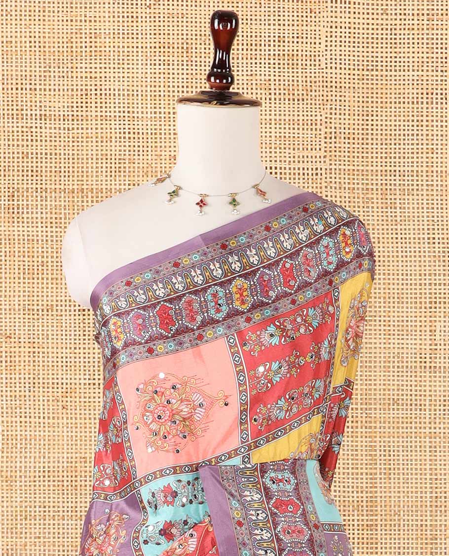 Lavender half-&-half style geometric print & mirror embroidery masakali saree,self-border & pallu of print & mirror work,plain blouse