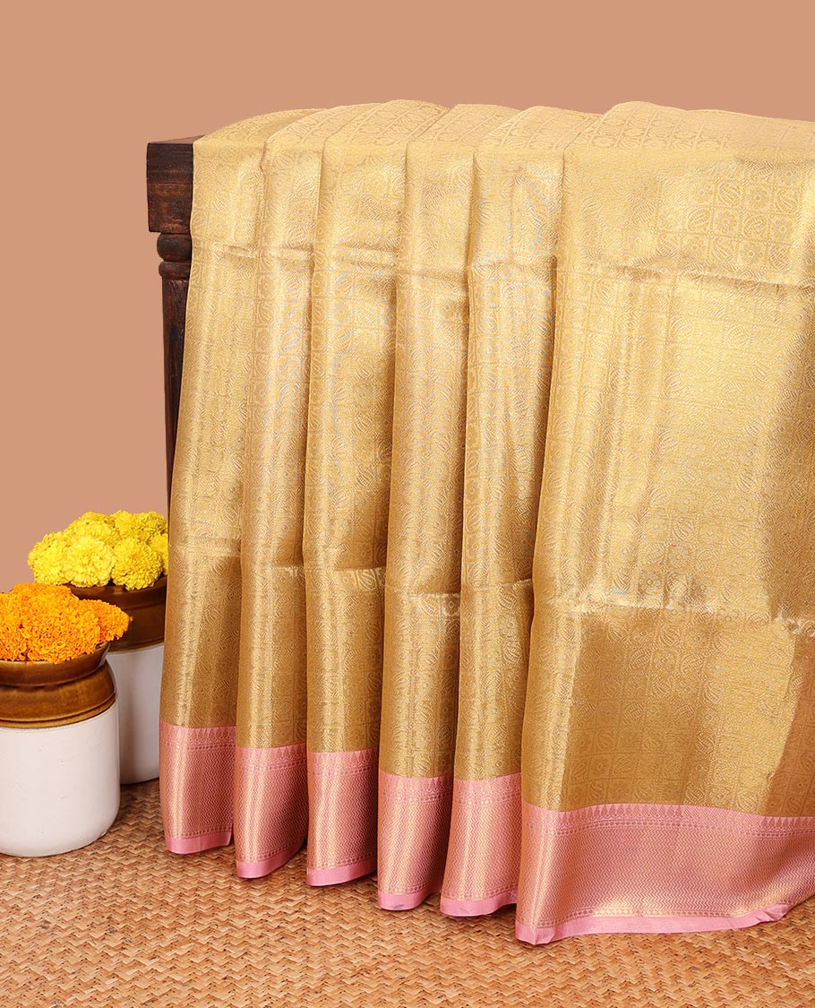 Gold color copper with pink zari tissue saree with light pink contrast border & pink copper brocade blouse