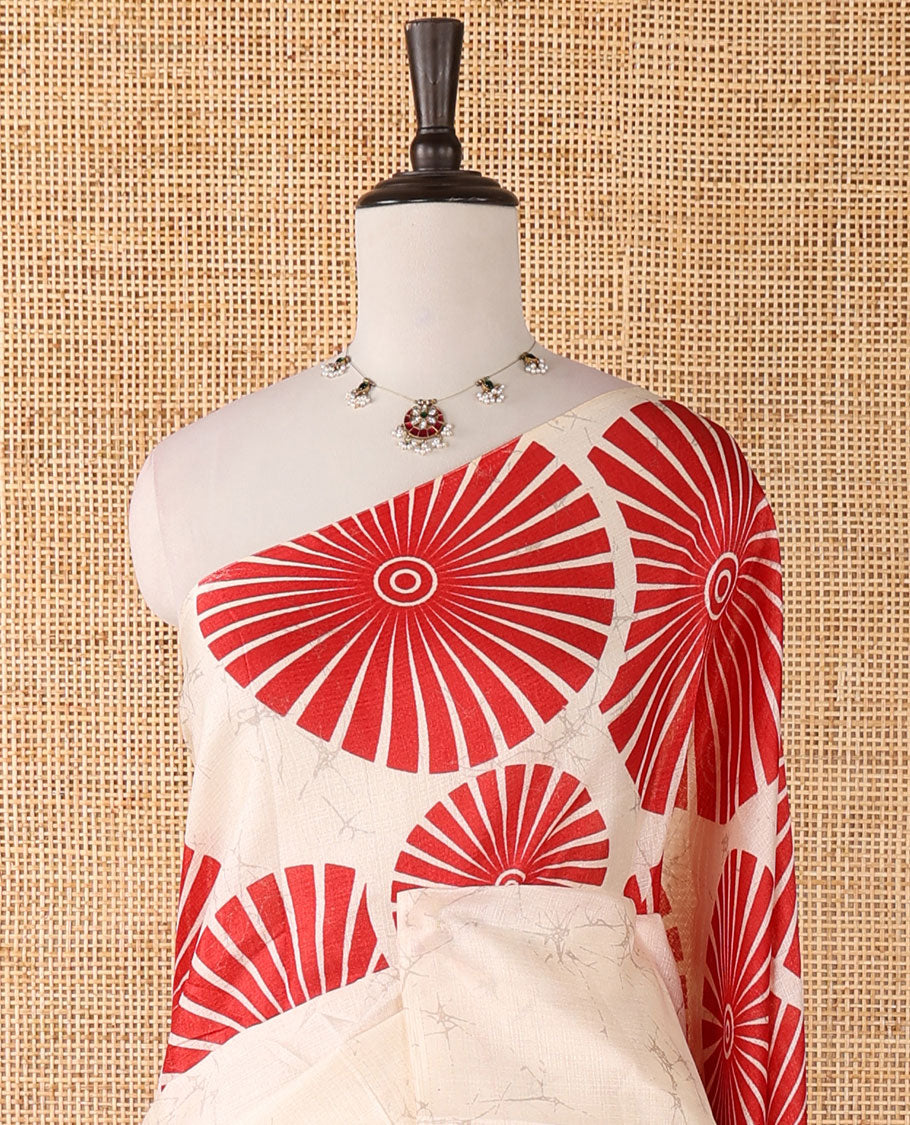 Borderless White with red sunbrust design skirt pattern khadi cotton saree & big sunbrust printed pallu with tussels