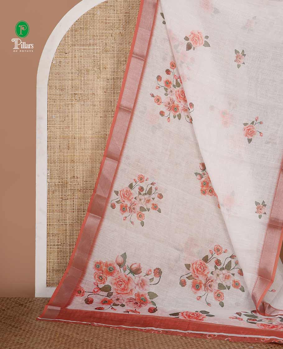 White rose floral printed linen saree, contrast silver bavanji border, floral printed pallu & floral printed brown blouse