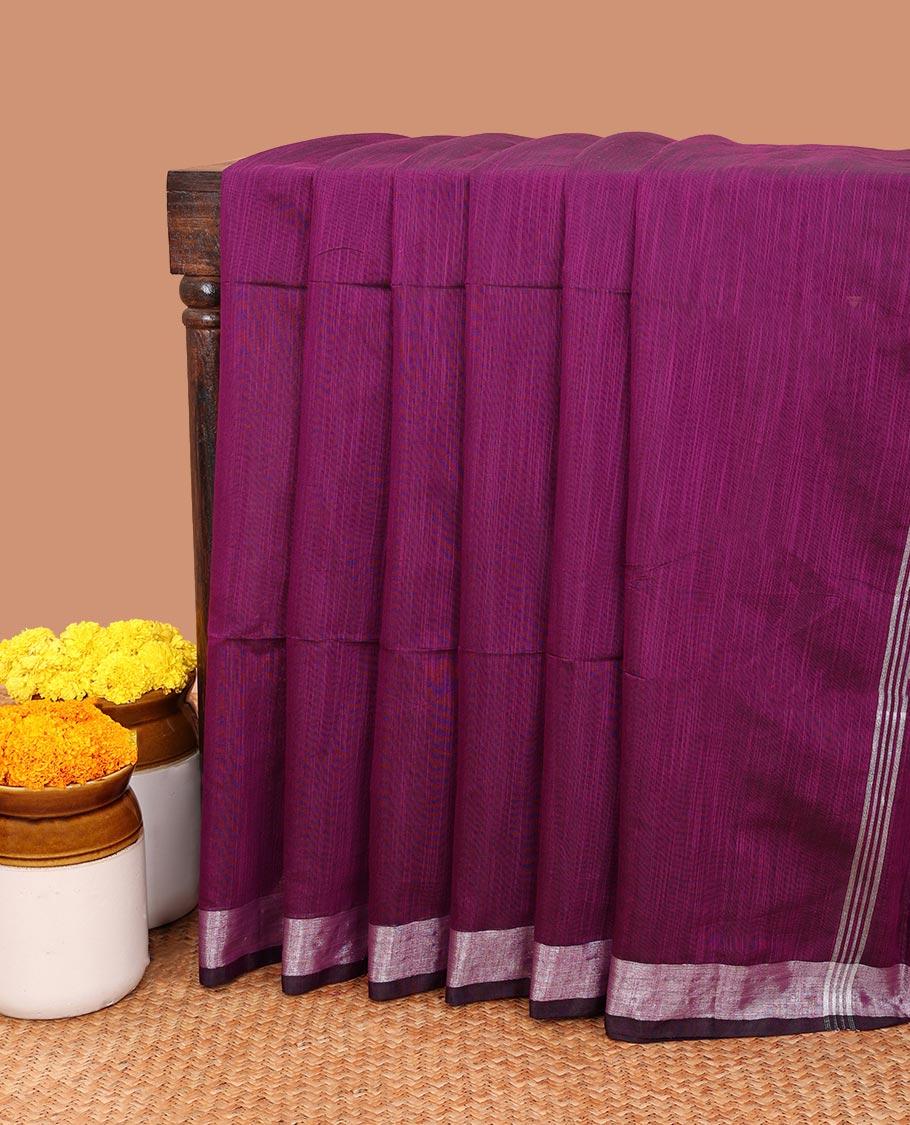 Purple linen saree with self- border & striped pallu