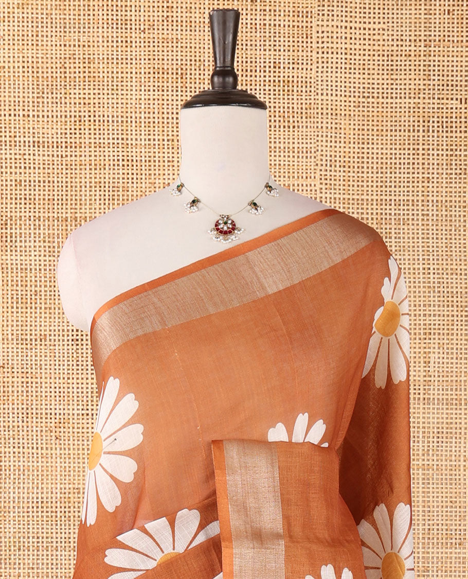 Beige pink sunflower motif printed linen saree, silver zari plain border & small sunflower motif print blouse