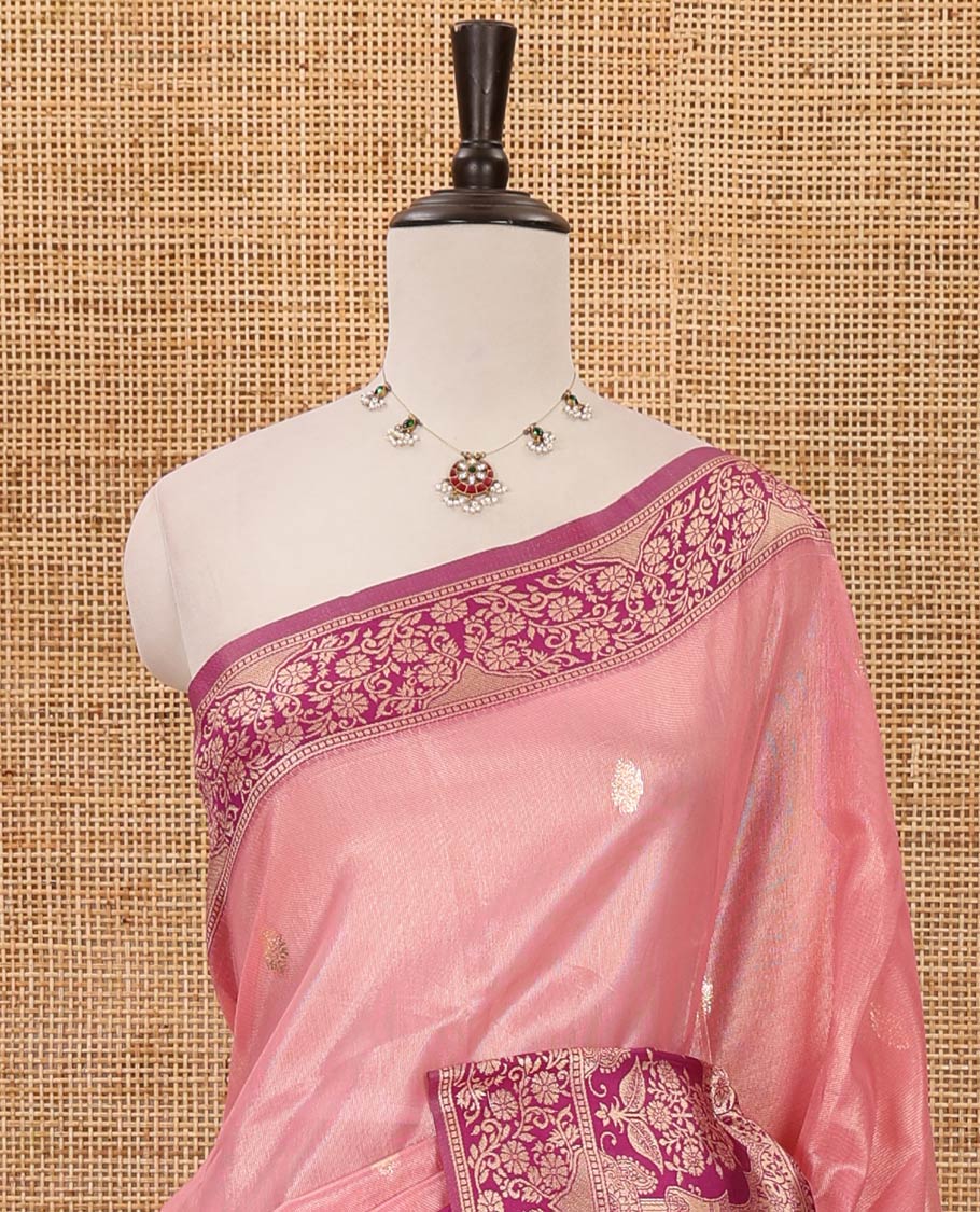 Pink Antique buttas twill tissue saree, contrast satin thread woven border & pallu of mughal-style motifs & buttas purple blouse