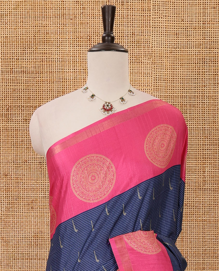 Navy blue horizontal stripes & muniya buttas katan silk saree, contrast chakram butta border, weaving-style print pallu & contrast print blouse