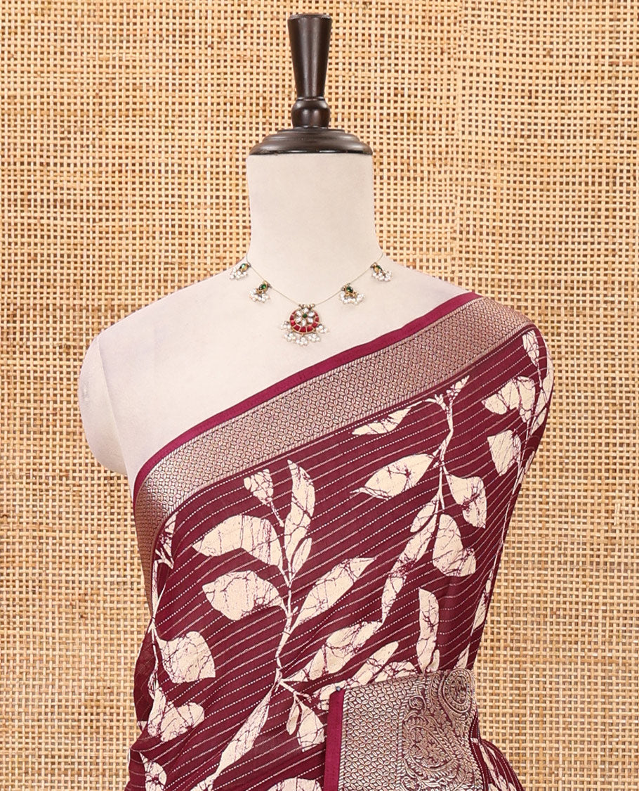Wine dotted striped & batik leaf printed viscose georgette saree, traditional design zari border, intricate pallu & blouse of print & zari work