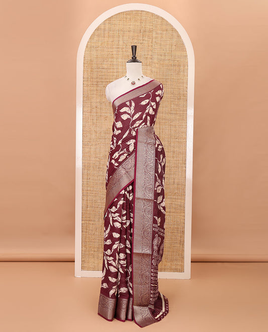 Wine dotted striped & batik leaf printed viscose georgette saree, traditional design zari border, intricate pallu & blouse of print & zari work