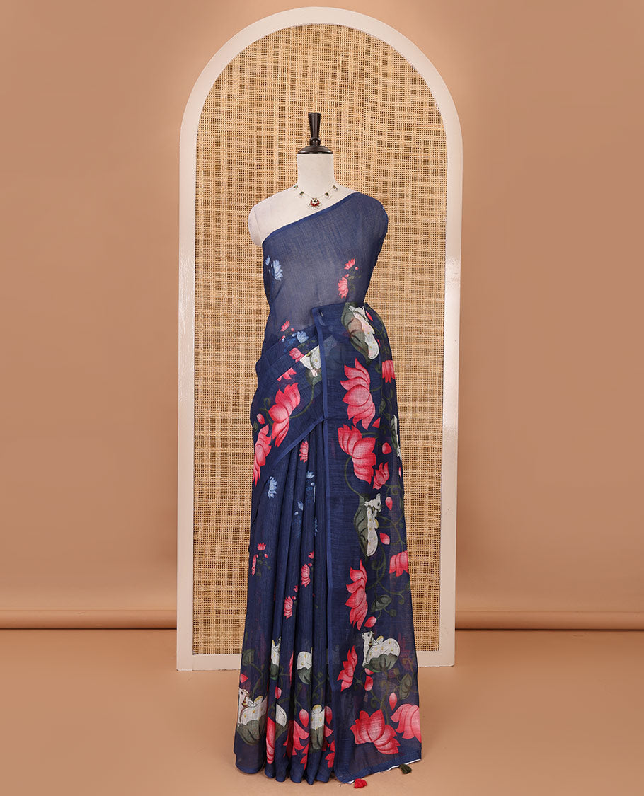 Borderless navy blue Pichwai cow & lotus motifs printed linen saree, pallu of Pichwai cow & lotus print & matching lotus print blouse