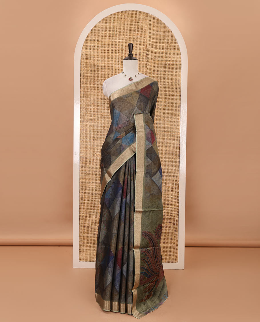 Olive green geometric-abstract printed black spun linen saree, zari piping border, Madhubani peacock printed pallu & Madhubani printed blouse