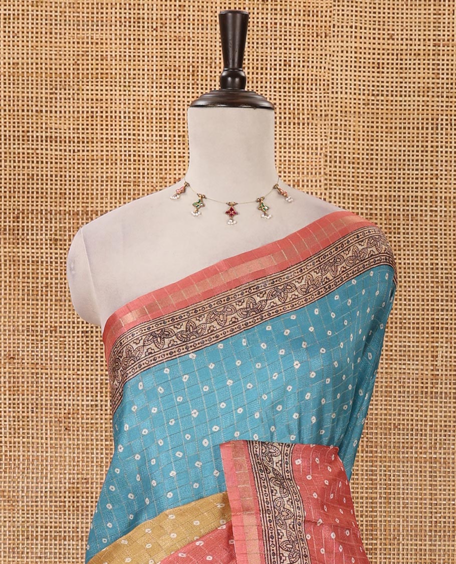 Orange 3D-dying with bandhani printed design kota saree , self printed border , radhe and kalamkari style printed pallu & contrast printed blouse