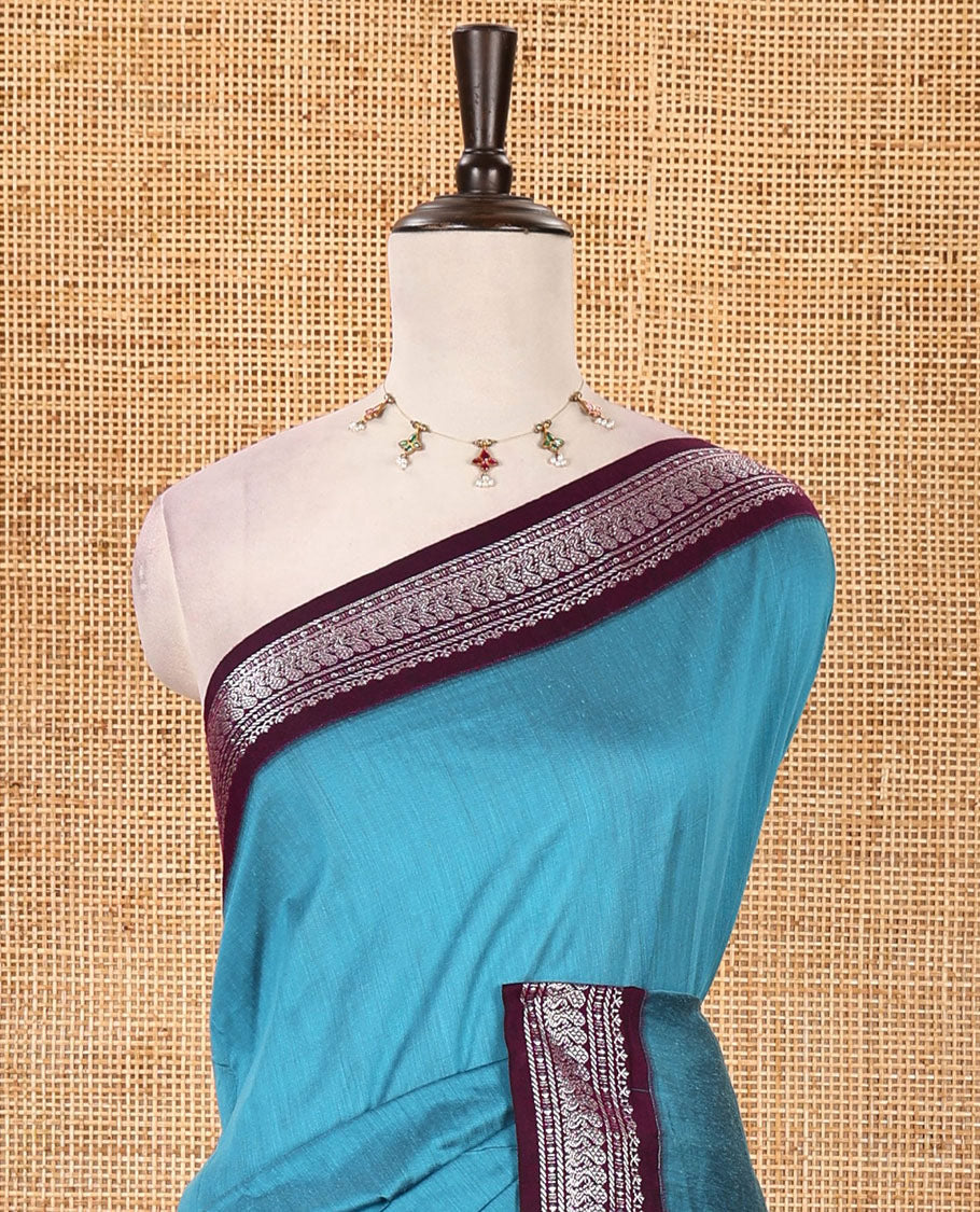 Blue full-plain Kalyani cotton saree, contrast traditional zari design border, zari design steeped pallu & contrast plain blouse