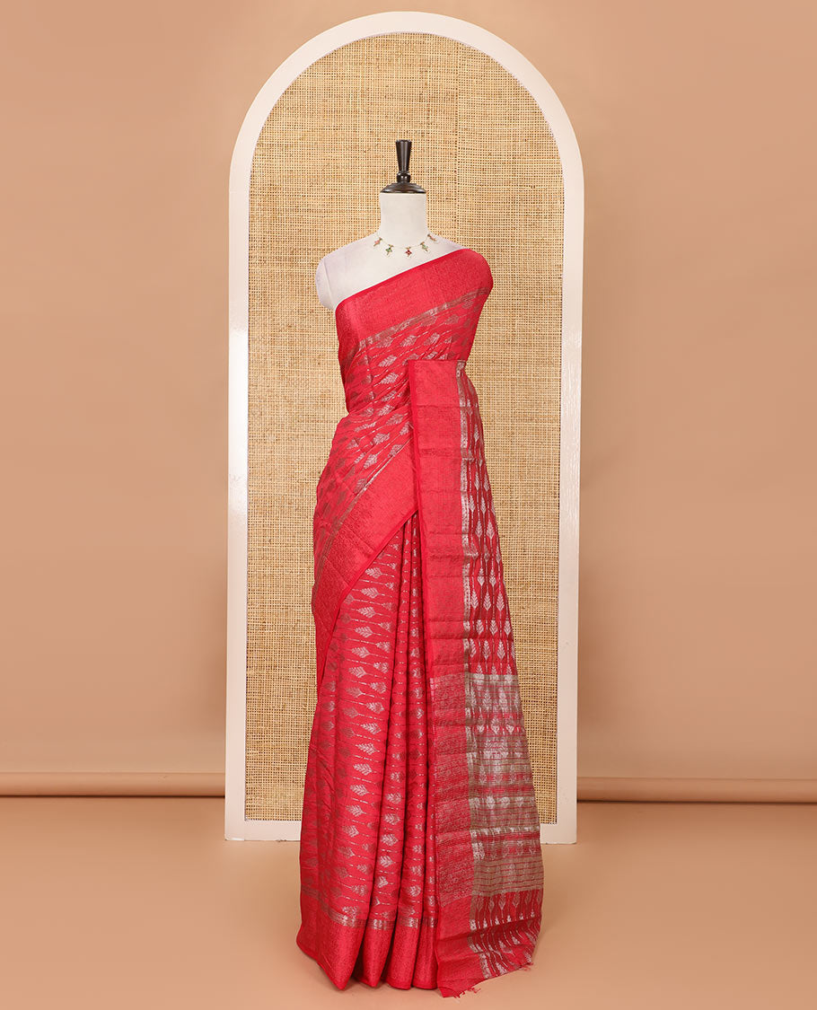 Rani pink zari & resham thread arrow design woven art silk saree, zari design satin embossed border & matching blouse