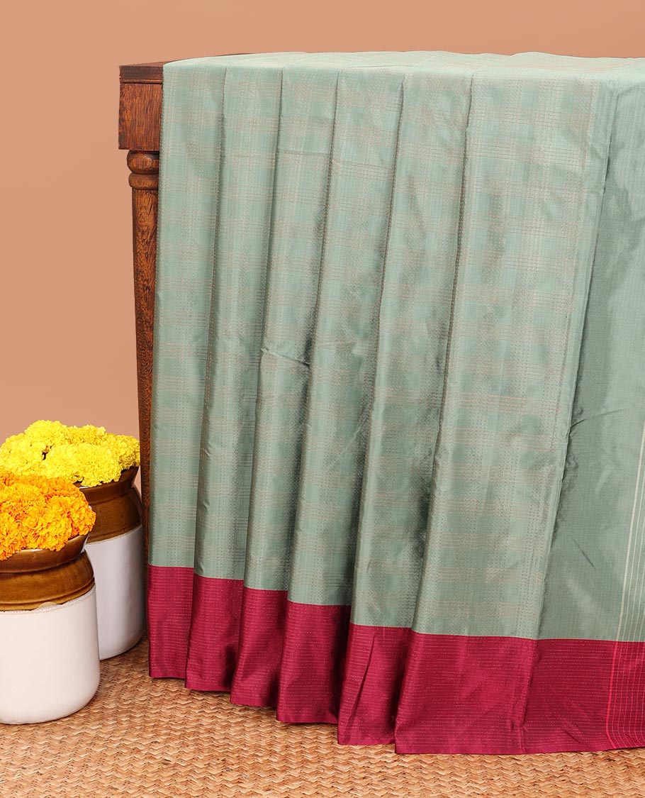 Light green copper zari checks bhavishna silk saree contrast line zari border & contrat blouse