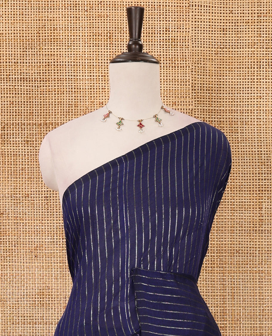 Borderless blue vertical striped khadi cotton saree, contrast grey plain pallu & matching plain blouse