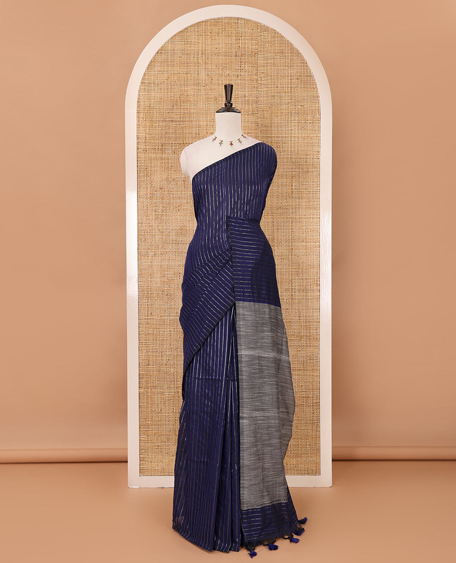 Borderless blue vertical striped khadi cotton saree, contrast grey plain pallu & matching plain blouse