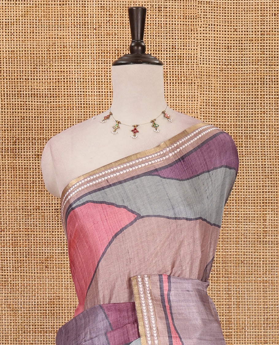 Purple abstract geometric printed semi-tussar saree, contrast thread triangle motifs border, striped pallu & contrast striped blouse
