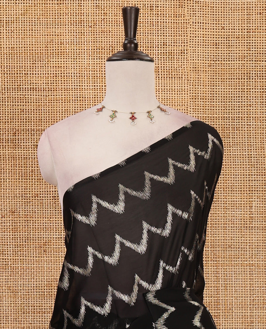 Borderless black zig-zag stripes foil printed rangoli saree, running blouse