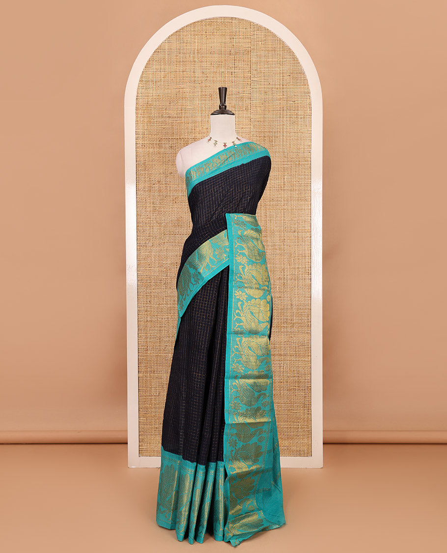 Navy blue zari checked Sungudi cotton saree, contrast zari border decked up with peacock motifs, zari striped pallu & contrast veldhari stripes blouse