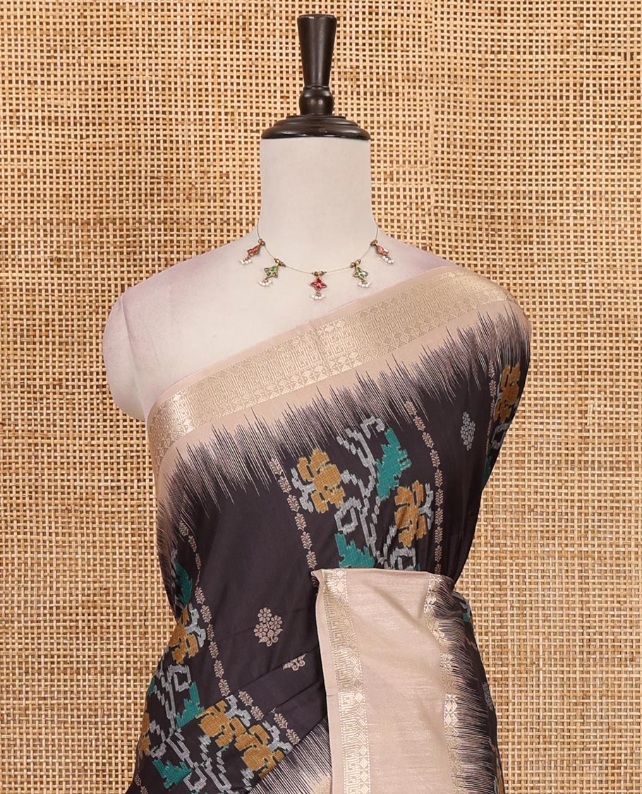 Black Jamdani-style floral printed katan silk saree, contrast bentex border, geometric printed pallu, and contact printed blouse