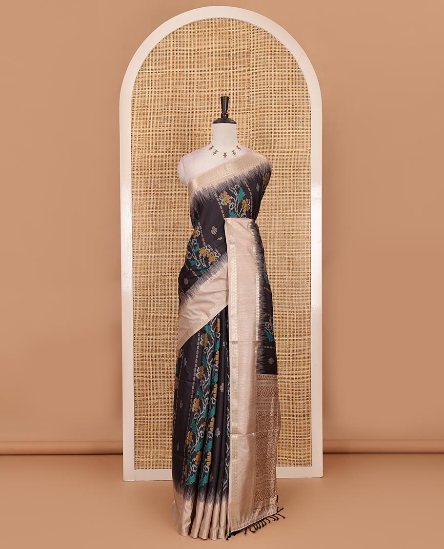 Black Jamdani-style floral printed katan silk saree, contrast bentex border, geometric printed pallu, and contact printed blouse