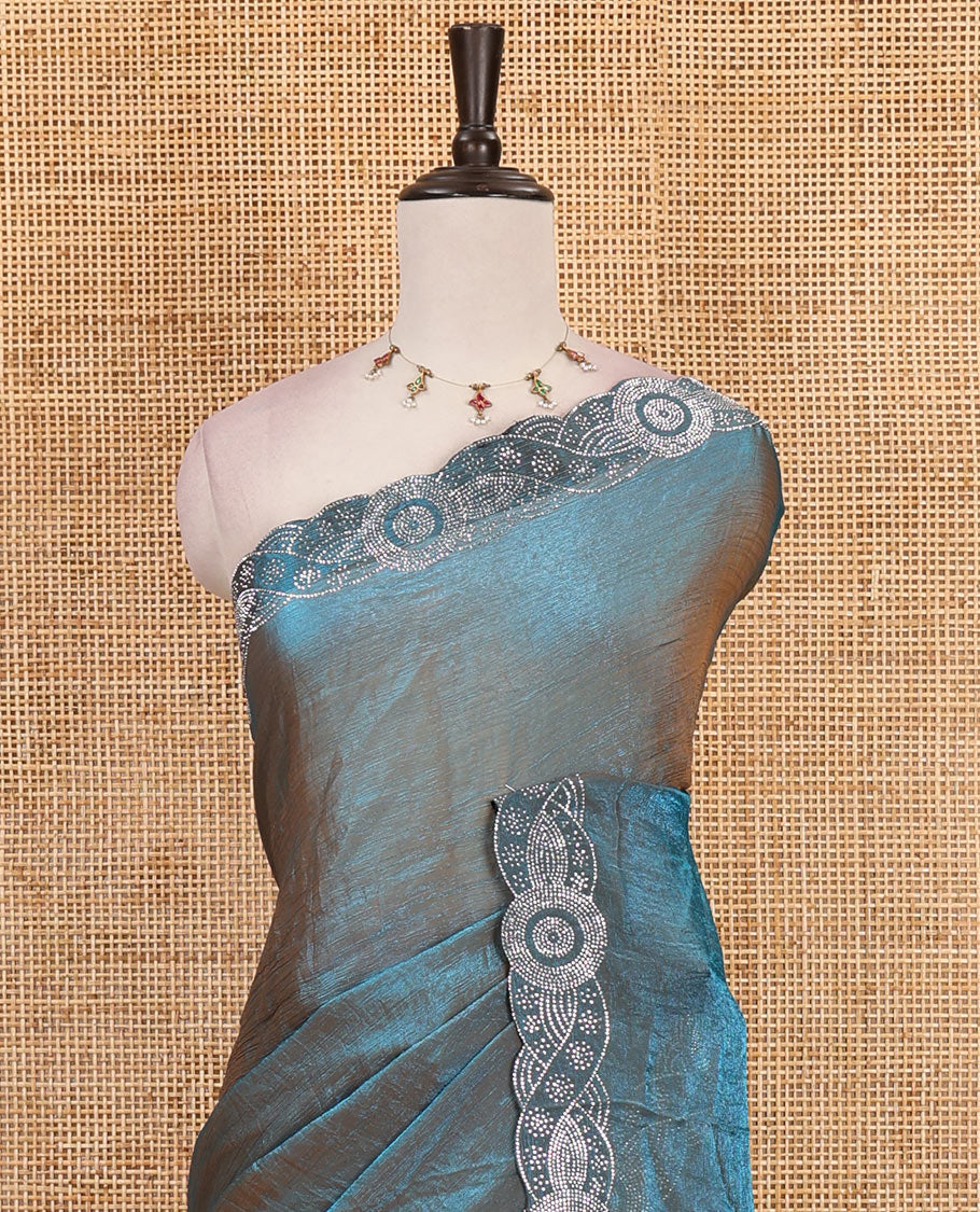 Peacock blue full-plain fendy chiffon saree, scallop swarovski stone work geometric border and contrast plain blouse