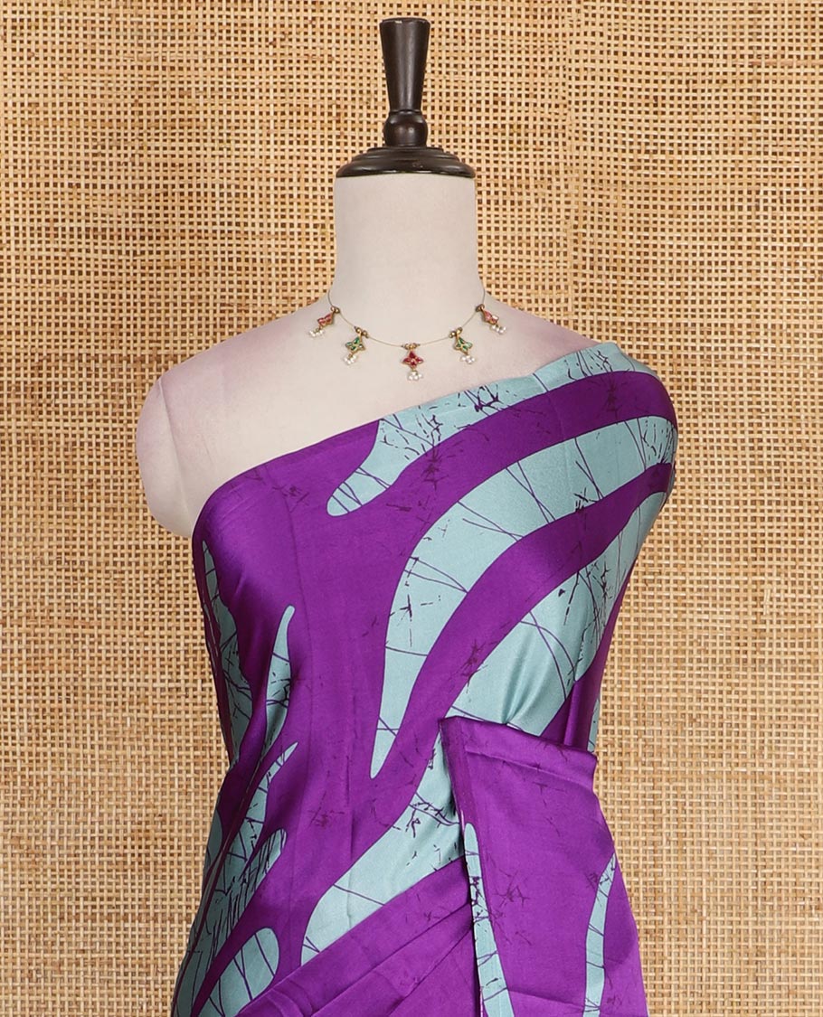 Borderless purple abstract style vines batik printed Gajji silk saree, printed pallu, and plain blouse