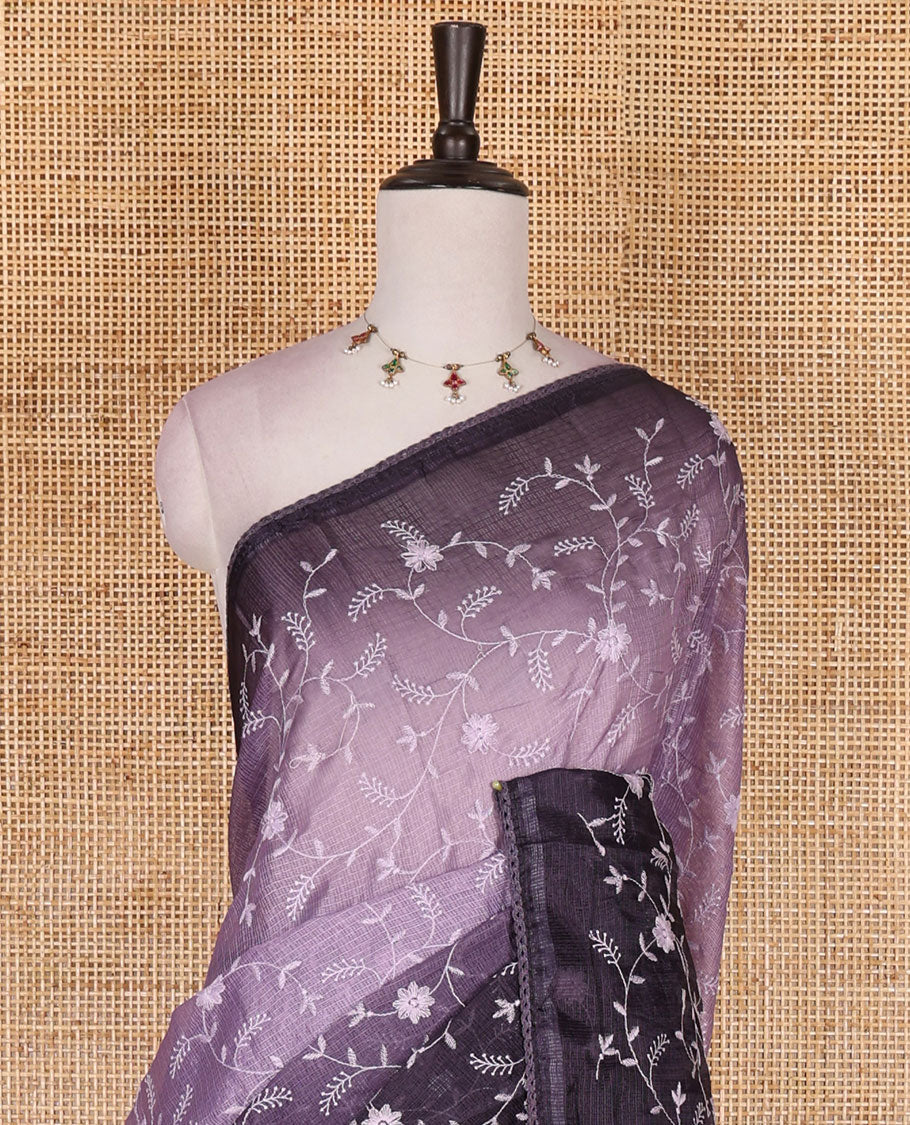 Lavender-wine floral vine chickankari embroidered kota chex saree, lace border, floral vine chickankari embroidered pallu, and contrast plain blouse