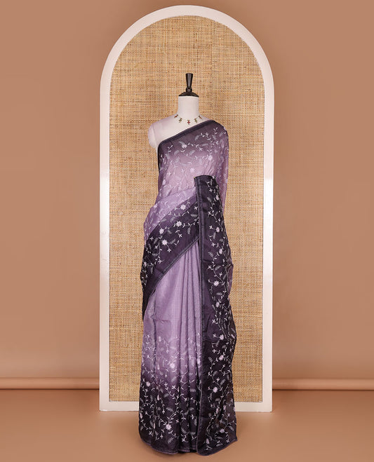 Lavender-wine floral vine chickankari embroidered kota chex saree, lace border, floral vine chickankari embroidered pallu, and contrast plain blouse
