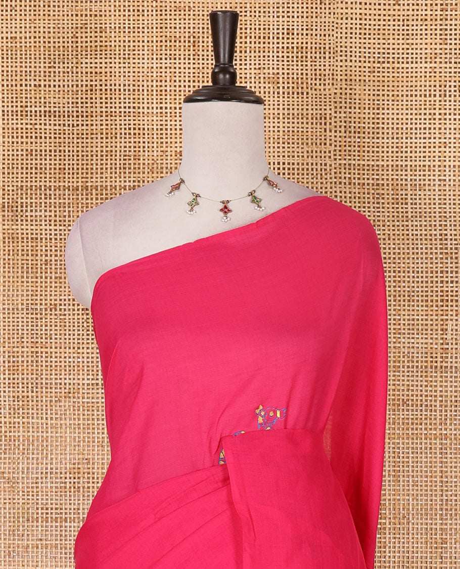 Borderless rani pink camel motifs and geometric patterns, handblock printed poly cotton saree, handblock printed pallu, and contrast printed blouse