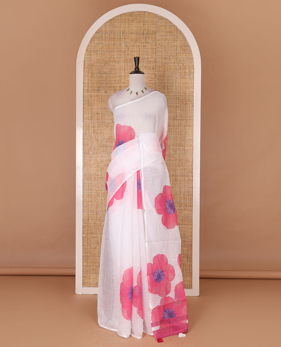 Borderless white and pink floral printed linen cotton saree, contrast plain blouse
