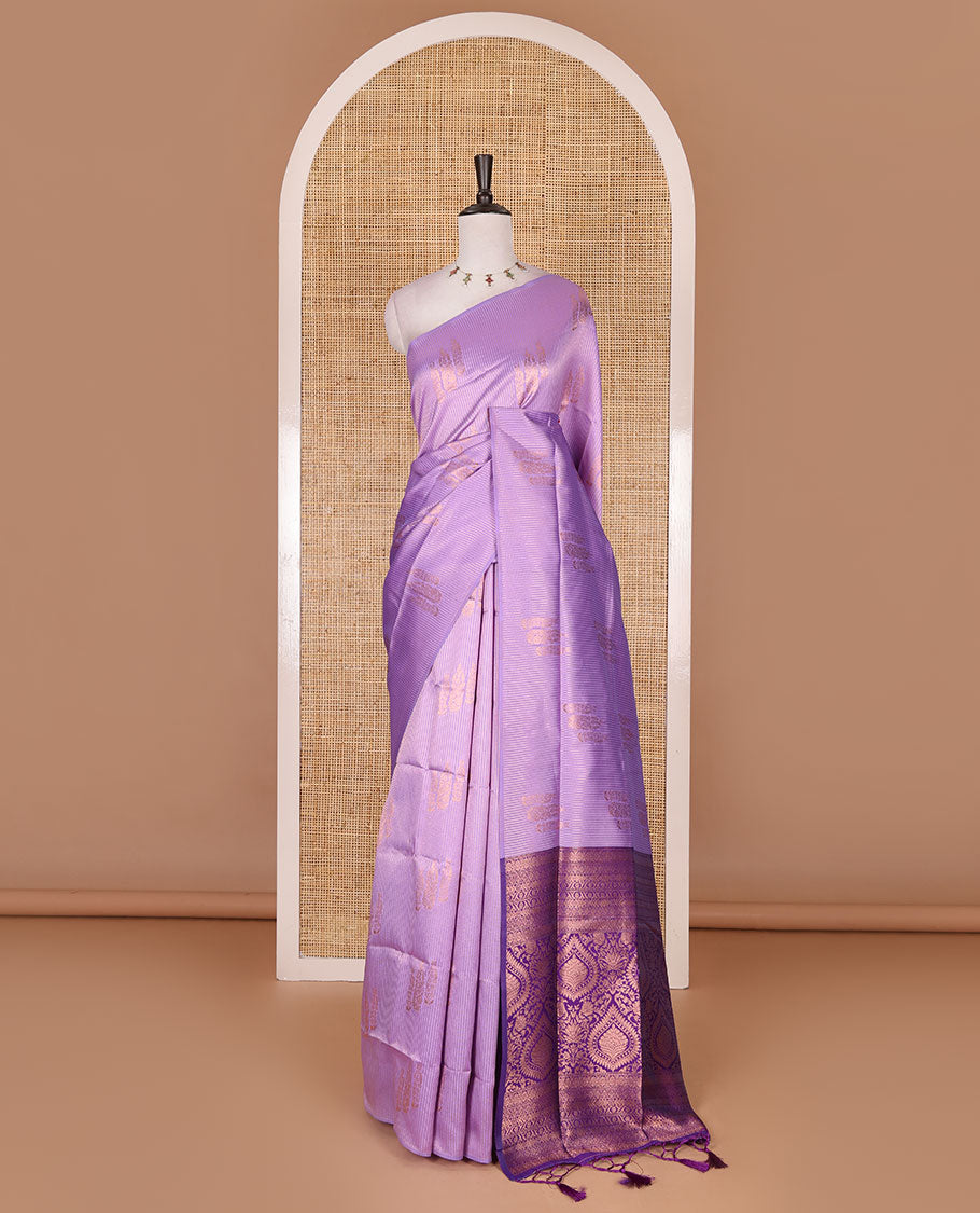 Borderless lavender stripes and zari floral buttas elite soft silk saree, contrast ogee patterned zari pallu, and contrast zari design blouse