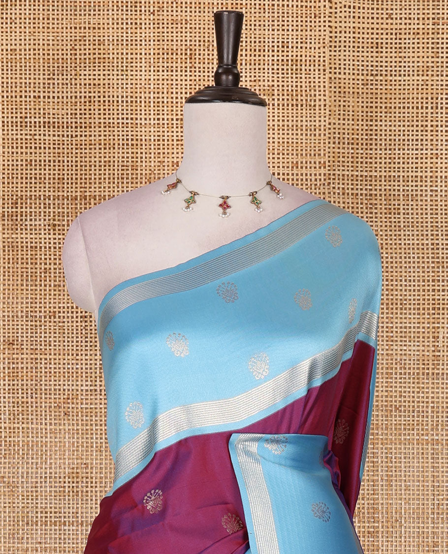 Majenta zari buttas soft silk saree, contrast zari design border, intricate jaal pallu, and contrast zari design blouse