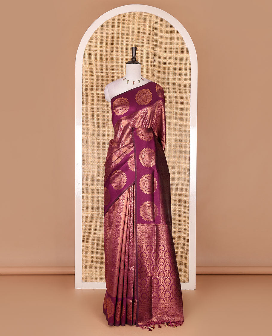 Purple jacquard kanchi tissue saree, zari chakram motifs border, intricately zari woven pallu, and a matching zari design blouse