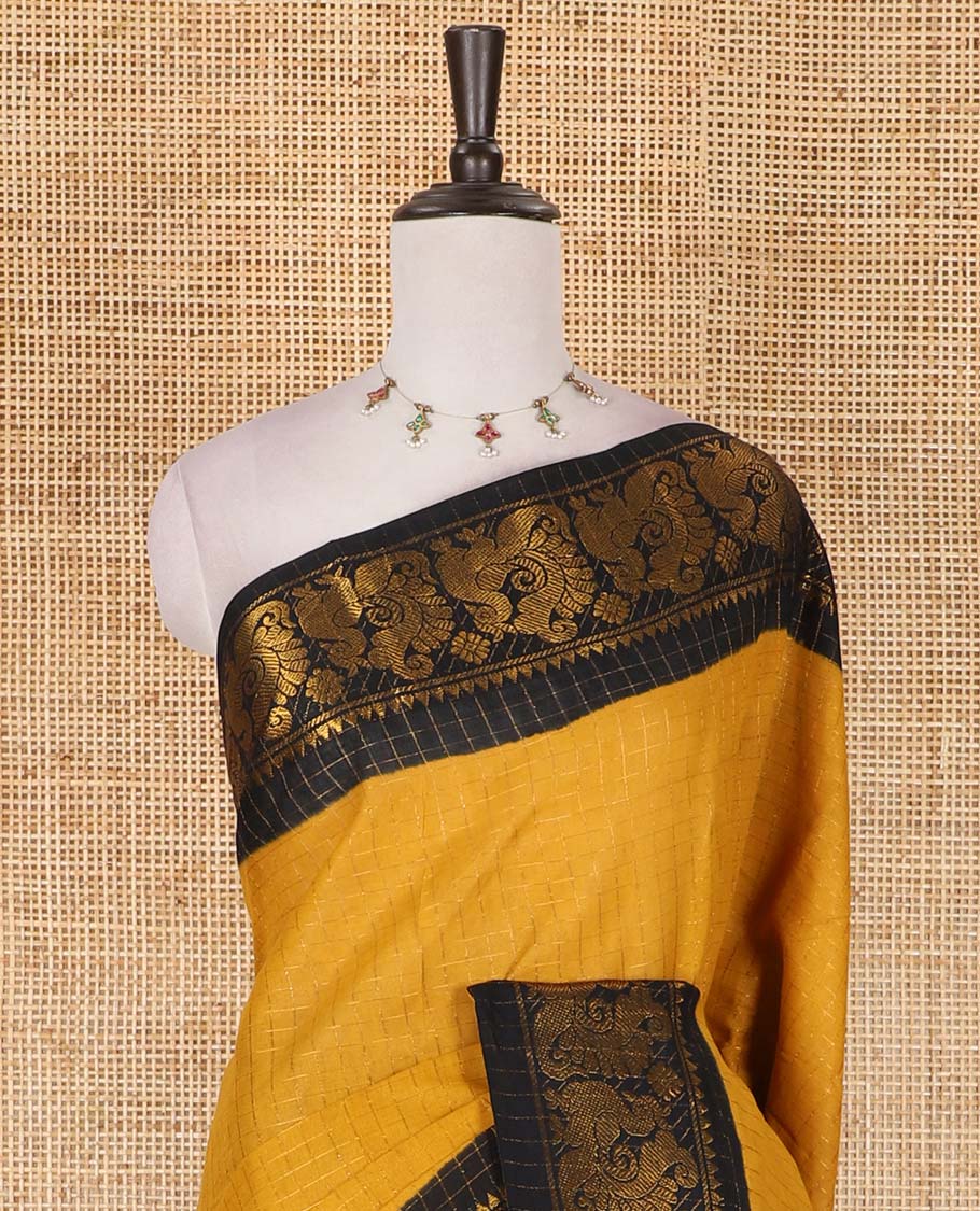 Mustard zari checked Sungudi cotton saree, contrast peacock motif border, zari striped pallu, and contrast zari design blouse