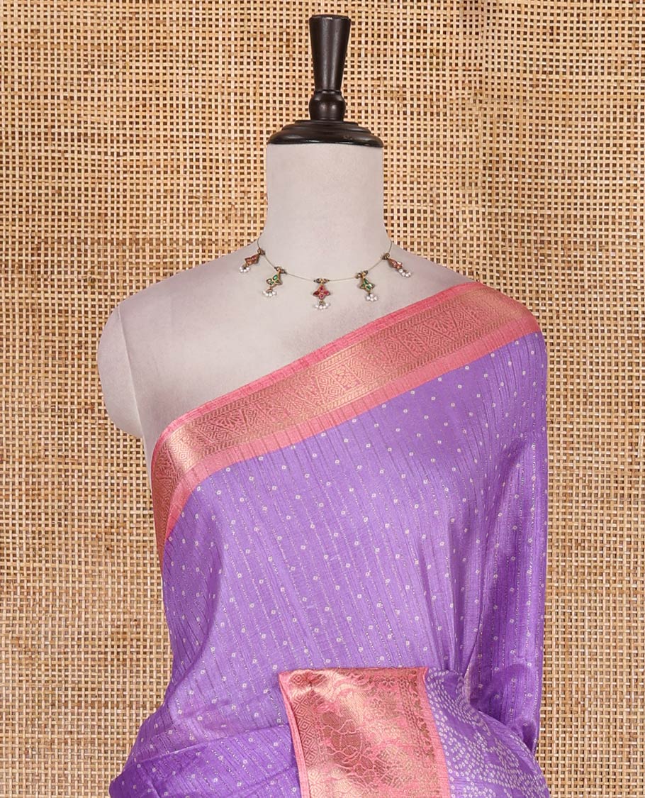 Lavender bandhani dotted trees, and deer motifs printed dola silk saree, contrast zari border, pallu of tree, and deer print, and contrast zari design blouse